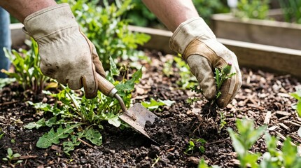 Fototapeta premium Adult hands in gloves removing weeds from organic soil in a raised garden bed with a trowel