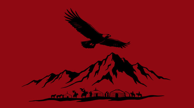 Eagle soars over a mountain range with a caravan journeying below