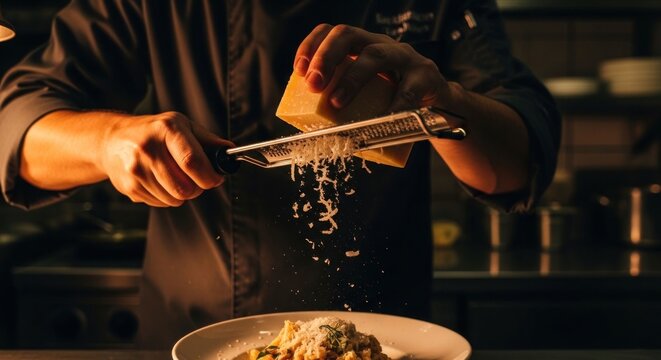 Chef grating cheese over pasta dish in restaurant setting.