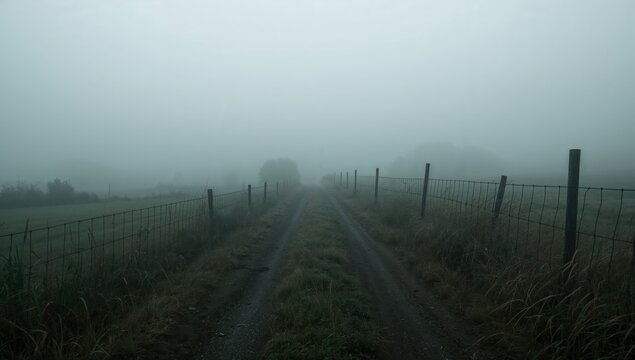 Moody countryside landscape with fog covered road and low visibility highlighting calm environment and natural atmosphere