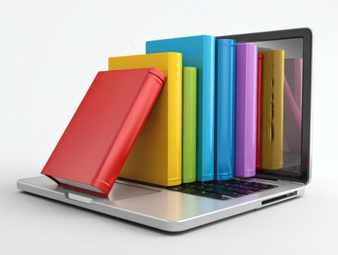 Colorful Books Emerging from a Laptop Screen Symbolizing E-Learning
