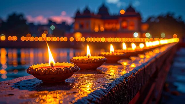 Glowing clay oil lamps (diyas) along a railing at dusk, reflecting on a wet surface with a blurred temple illuminated in the background.