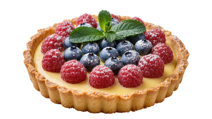 Freshly baked berry tart with raspberries and blueberries, isolated on transparent background © Carlos