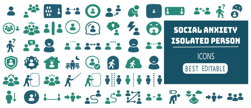 Collection of social anxiety and isolation concept icons representing different human interactions and emotions.