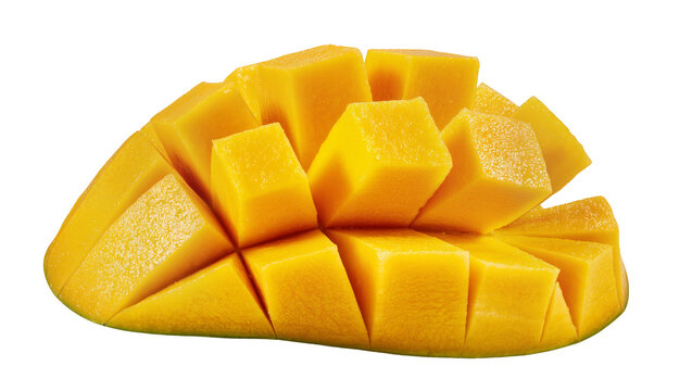 Freshly cut ripe mango cubes juicy and vibrant, isolated on transparent background