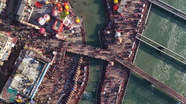 Top angle drone view of har ki pauri haridwar