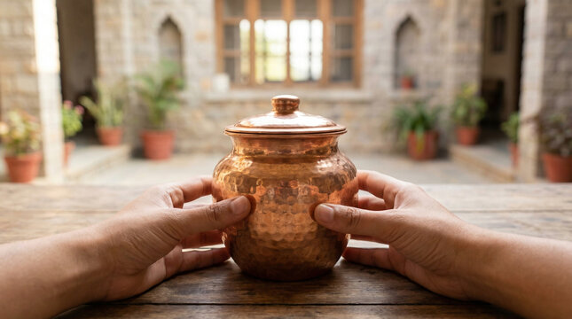 Copper water pot in serene Indian Ashram courtyard with arches and plants, spiritual yoga center, Ayurveda wellness, hydration ritual, traditional lifestyle, meditation and holistic living