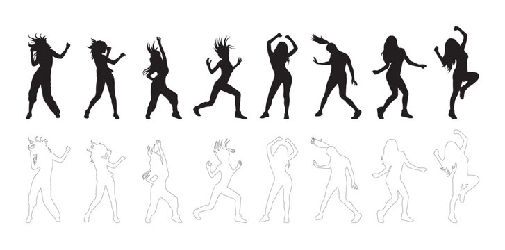 Zumba dance Vector bundle, Baby Penguin Clipart, Silhouette, Vector, icons, illustration, design. Silhouette collection of slim female doing energetic dance pose, vector illustration.
