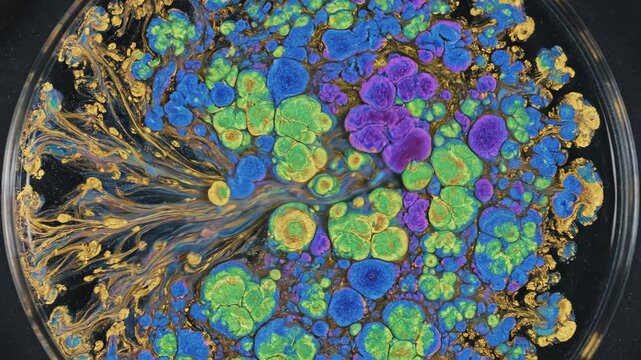 A vibrant, multicolored microscopic structure resembling a tree or network in a petri dish