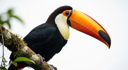Fototapeta premium Closeup of a striking toucan perched on a mossy branch.