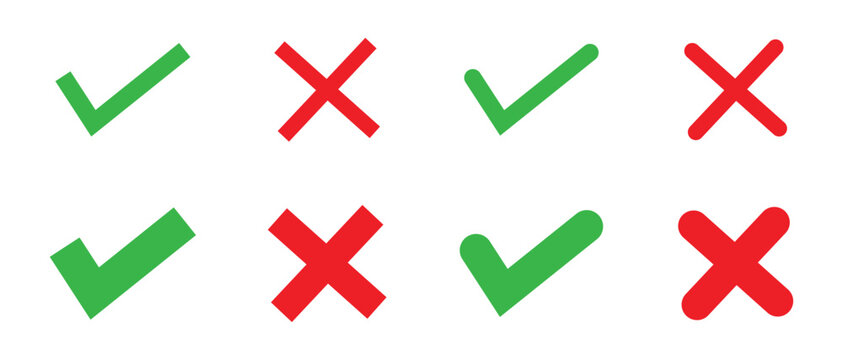 Green tick mark and red cross sign in circle icons for correct and incorrect answers, yes and no buttons tick and cross icons. Vector illustration.