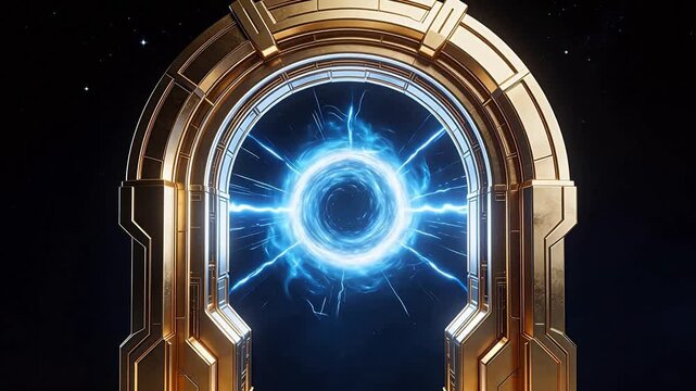 Golden portal with blue energy vortex