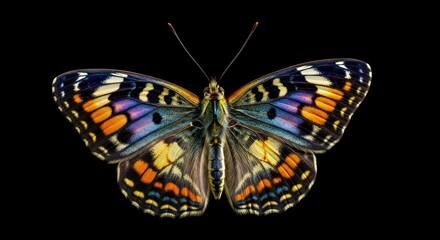 Obraz premium Colorful Butterfly with Intricate Wing Patterns on Black Background.