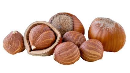 Fototapeta premium Group of whole and shelled hazelnuts, isolated on transparent background