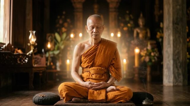 Senior Buddhist Monk Meditating with Glowing Spiritual Aura