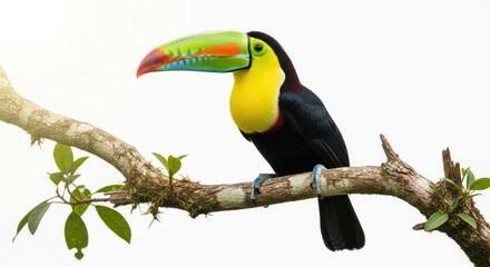 Fototapeta premium Colorful KeelBilled Toucan Perched on a Branch Against White Background.