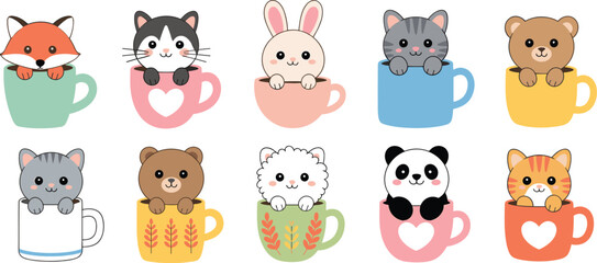 Obraz premium Cute animals in cups set, cat dog rabbit panda bear, cartoon vector illustration collection