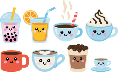 Fototapeta premium Cute drinks collection, coffee tea juice bubble tea, kawaii beverage cartoon vector illustration set