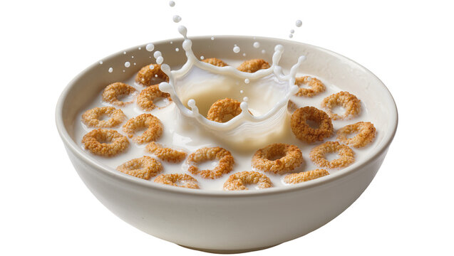 Crunchy oat cereal rings splashing into milk in a bowl, isolated on transparent background