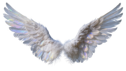Obraz premium Pair of iridescent white feathered angel wings, isolated on transparent background