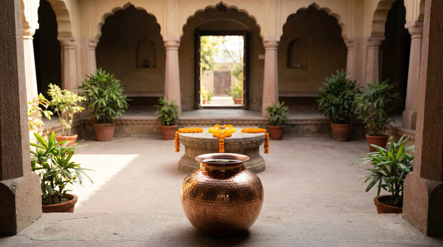 Copper water pot in serene Indian Ashram courtyard with arches and plants, spiritual yoga center, Ayurveda wellness, hydration ritual, traditional lifestyle, meditation and holistic living