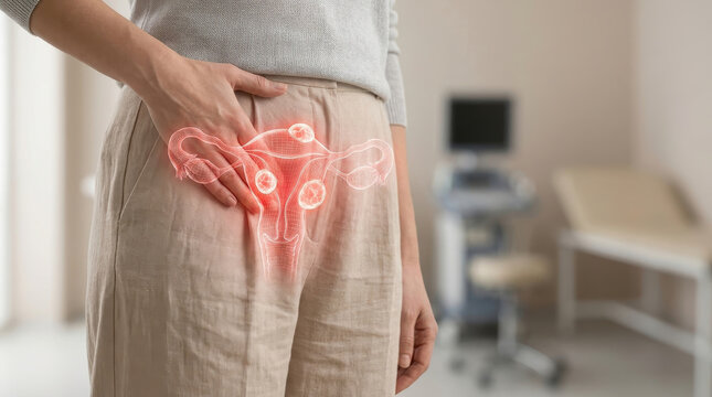 Uterine fibroid pelvic pain uterus women health gynecology female anatomy medical concept, patient holding lower abdomen clinic with uterus graphic overlay showing reproductive organ disorder