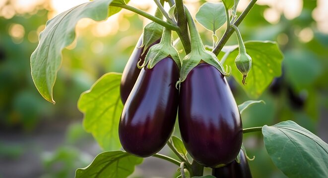 Fresh eggplants growing on a plant in a garden or farm
