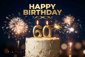 Obraz premium Happy 60th birthday cake with golden candles fireworks and blurred city lights background celebration