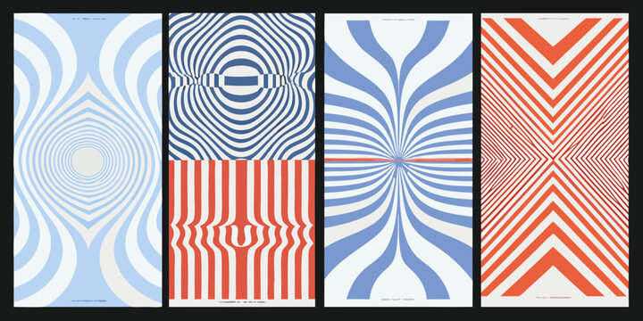 set of op art kinetic patterns in blue and red