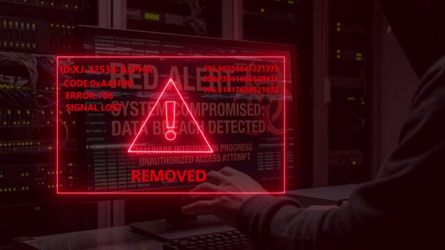Hacker sitting at computer workstation in dark server room with red digital warning screen displaying system compromised alert