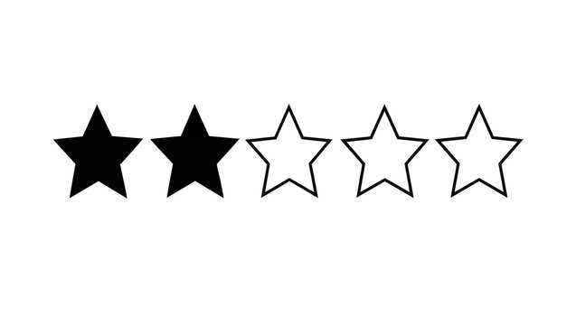 Two solid black stars and three empty outline stars, isolated on transparent background
