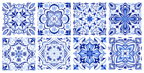 Greek mosaic tile pattern with traditional italian, spanish ornament, abstract vector borders on white background. Blue geometric design, floor or wall portuguese azulejo style, vintage floral motif © klyaksun