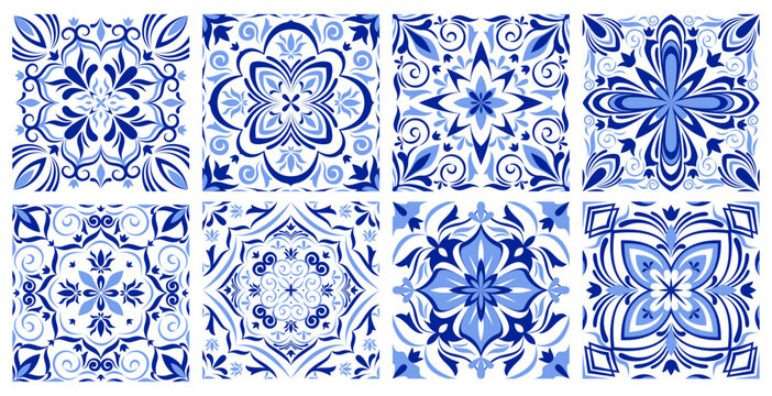Greek mosaic tile pattern with traditional italian, spanish ornament, abstract vector borders on white background. Blue geometric design, floor or wall portuguese azulejo style, vintage floral motif