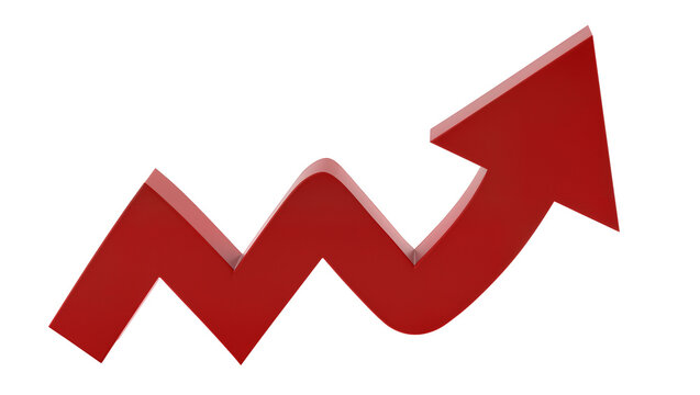 Red 3D arrow graph trending upwards, isolated on transparent background