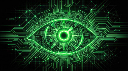 Obraz premium A futuristic green eye glows on a circuit board with technology and science elements.