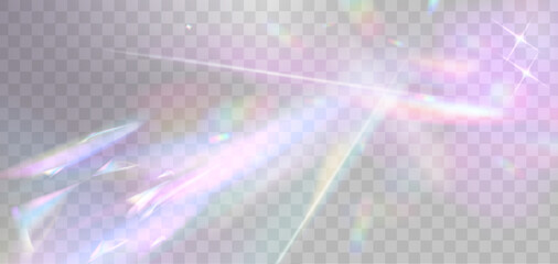 Fototapeta premium Light prism effect with rainbow spectrum, crystal flare overlay, abstract vector background. Iridescent radiant glow and refraction rays with holographic neon lens sparkle