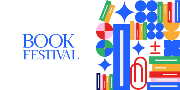 Book festival cover design with abstract book shapes. Brutal vector illustration, minimalist simple border isolated on white background for library posters, educational fairs, literature event banner