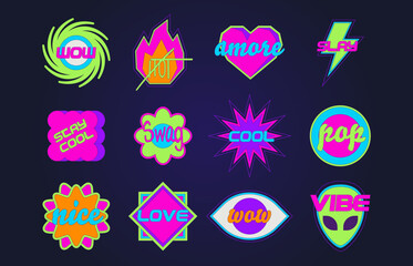 Obraz premium Cute y2k sticker collection with retro pop art vibes. Vector set of cool acid color star, fire, eye and lightning bolt shape icons with text, groovy 90s geometric patches for creative nostalgic design