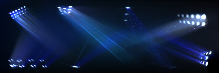 Stadium spotlight shining bright on transparent background. Vector realistic illustration of illumination system for concert stage, show, sports event, night football match, powerful light beams © klyaksun