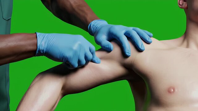 Photorealistic CGI Gloved Hands Reducing A Shoulder Dislocation In Clinical Environment