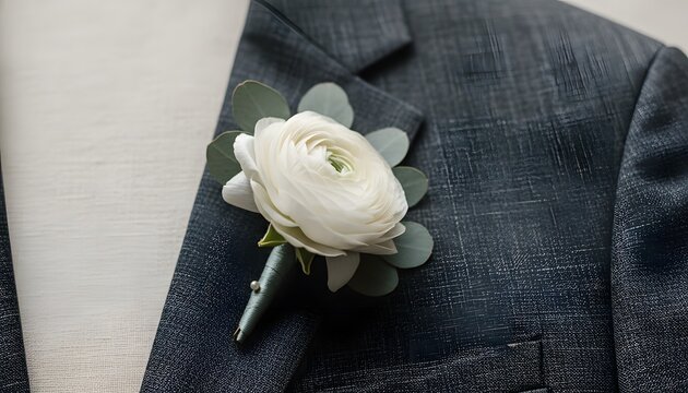 Elegant white ranunculus boutonniere pinned on lapel of a dark suit jacket for a prom season concept, showcasing high school formal fashion and sophisticated event attire