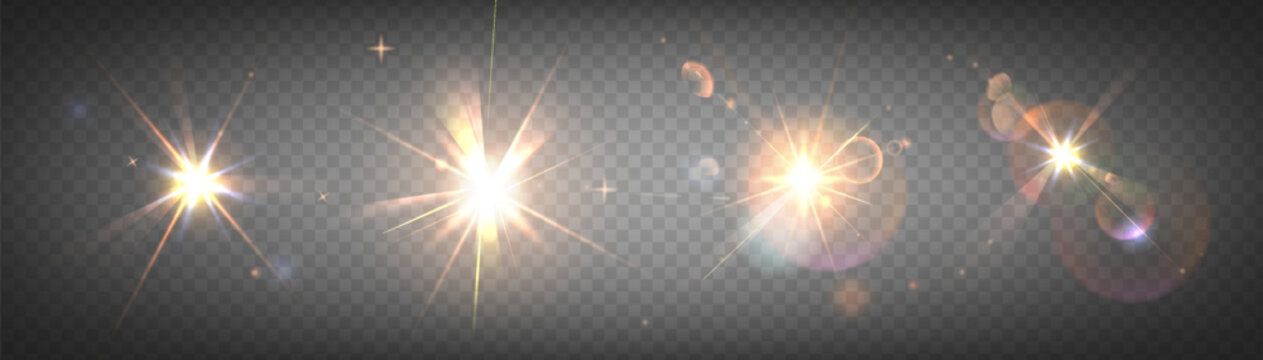 Bright sun halo effect with golden lens flare on transparent background. Vector realistic illustration of orange glow bursts, radiant light beams, abstract luminous sunburst on overlay backdrop