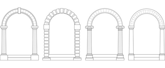 Naklejka premium Ancient Greek arch with classic pillars, vector line art illustrations isolated on white background. Vintage sketch frame design with roman columns for logo, posters. Vintage antique archway