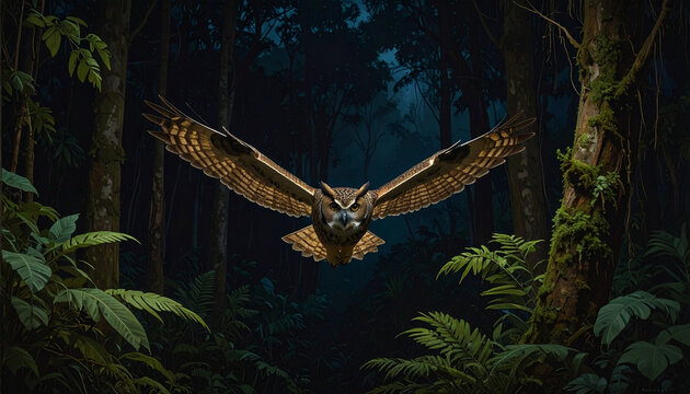 Owl soaring through a dark forest