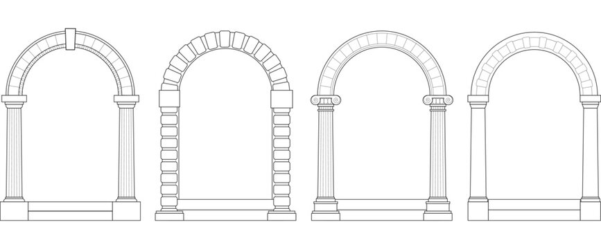 Ancient Greek arch with classic pillars, vector line art illustrations isolated on white background. Vintage sketch frame design with roman columns for logo, posters. Vintage antique archway