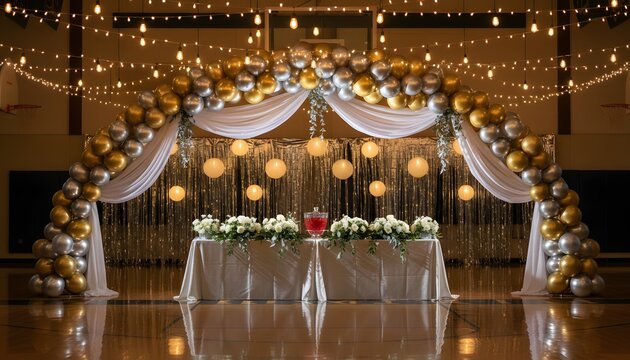 High school gym prom decorations featuring a silver and gold balloon arch and elegant floral head table for a senior formal celebration concept