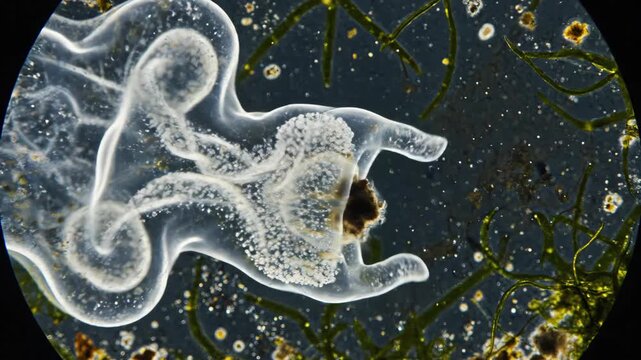 Microscopic view of a cell with multiple nuclei and a long, thin body