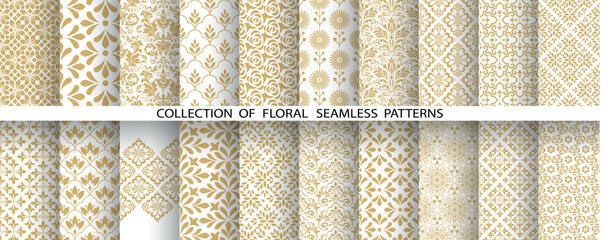 Fototapeta premium Geometric floral set of seamless patterns. White and golden vector backgrounds. Damask graphic ornaments