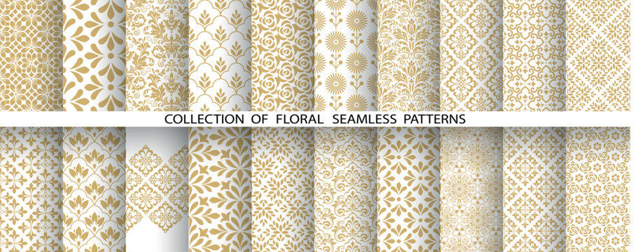 Geometric floral set of seamless patterns. White and golden vector backgrounds. Damask graphic ornaments