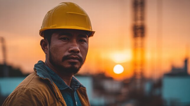 Construction worker at sunset
